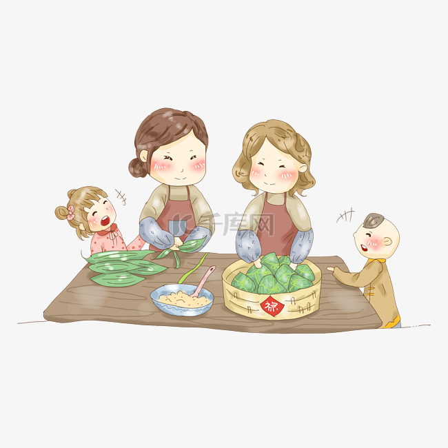 端午节一家人包粽子吃粽子温馨插