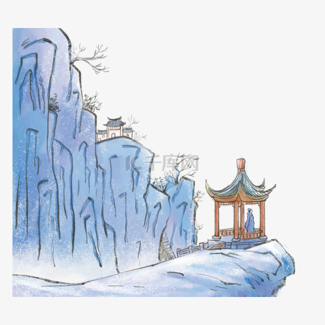 中国风蓝色冬季山峰高山雪地亭子