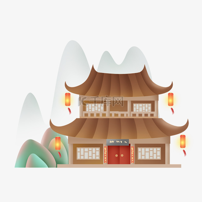 中式房屋和山峰