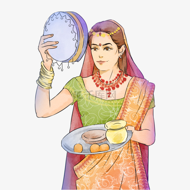 印度karwa chauth kartika女人传统插画