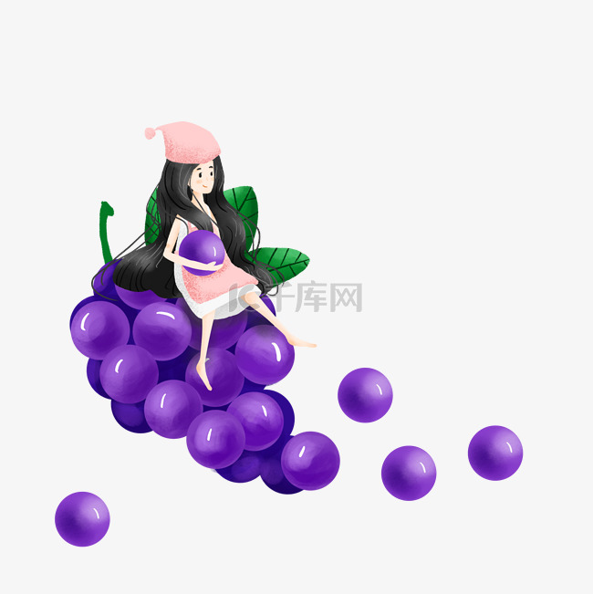 简约紫色葡萄和女孩插画海报免抠