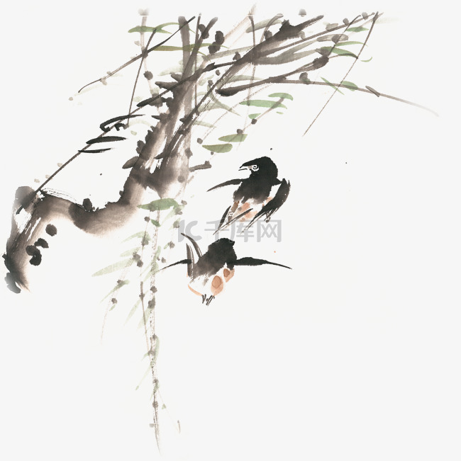 柳树下的燕子水墨画PNG免抠素材