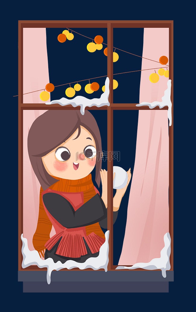 大雪节气女孩玩雪窗户窗帘