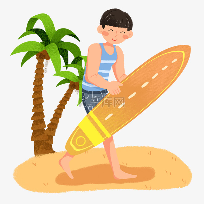 夏日沙滩男孩玩冲浪板素材