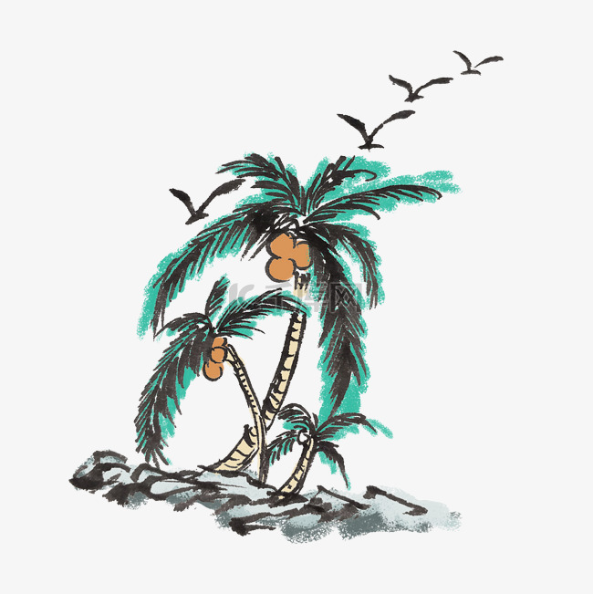 椰子树夏天水墨手绘插画
