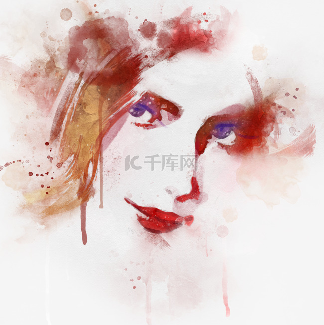 红色水彩女人脸肖像喷溅插画手绘