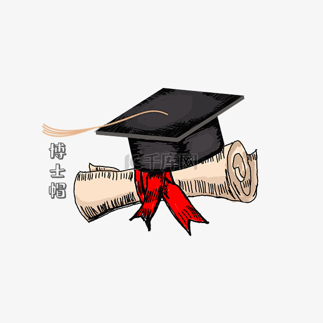 卡通手绘博士帽毕业证书元素