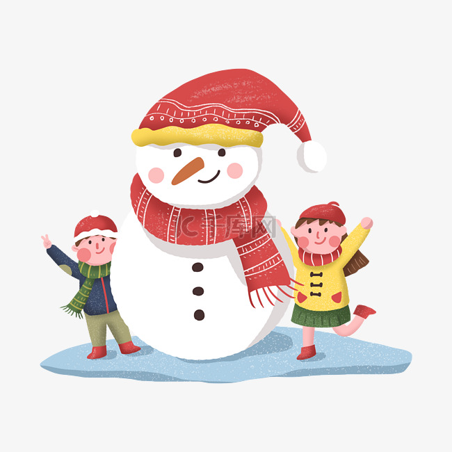 小孩堆雪人冬天圣诞