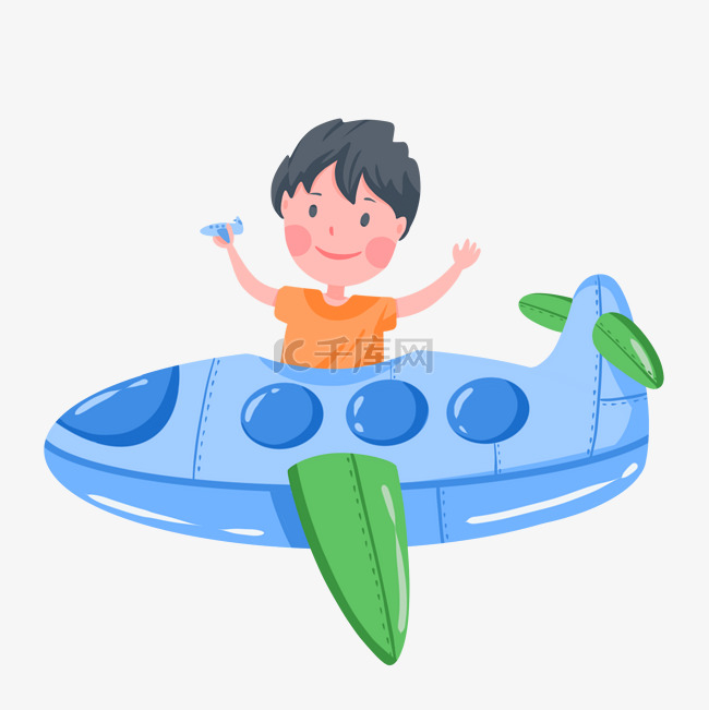 可爱男孩乘坐幻想玩具飞机