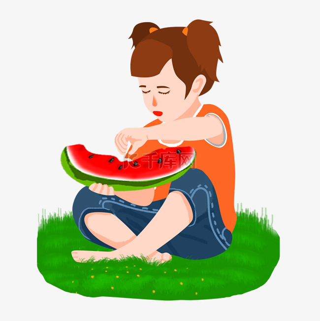 女孩草坪吃西瓜