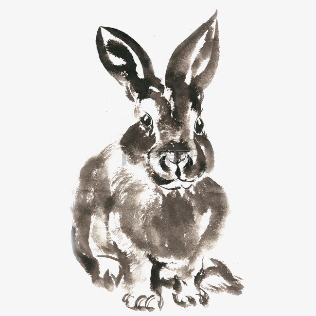 黑色的兔子水墨画PNG免抠素材