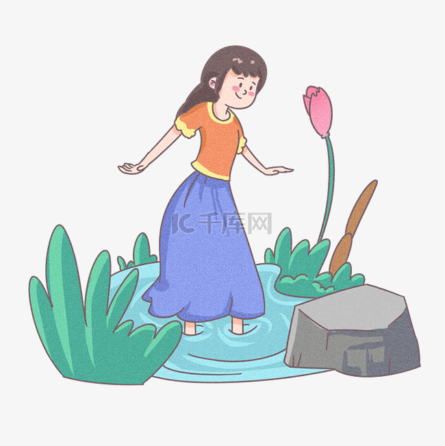 夏天玩水的女孩手绘插画