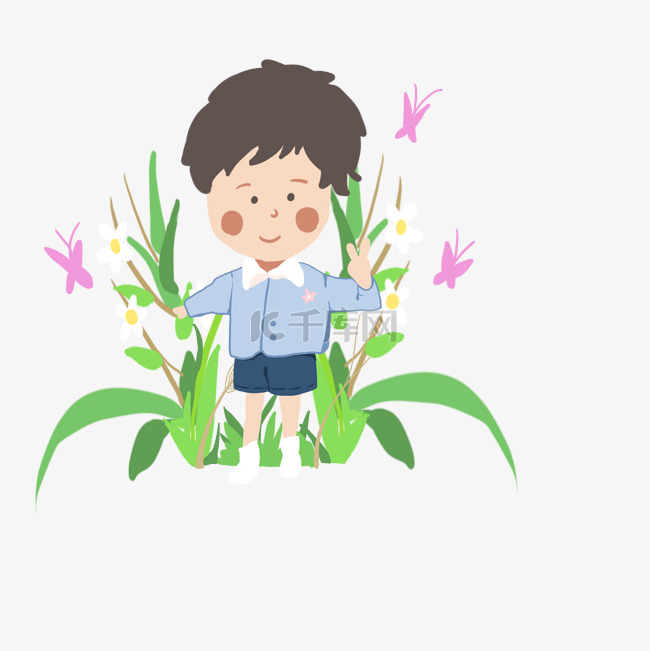 夏日手绘风花丛中的小男孩