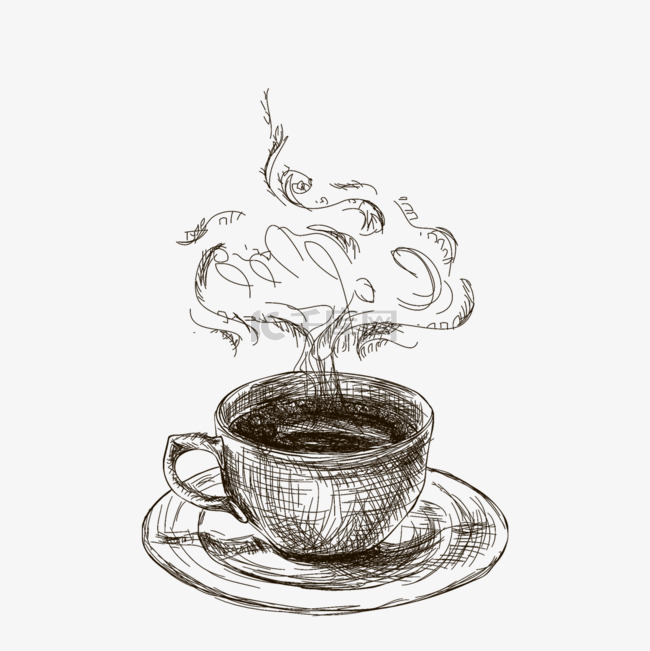 黑白线描咖啡杯插画元素