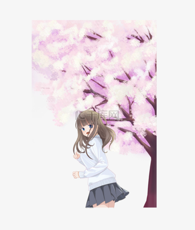 手绘卡通樱花树下的女孩免扣元素