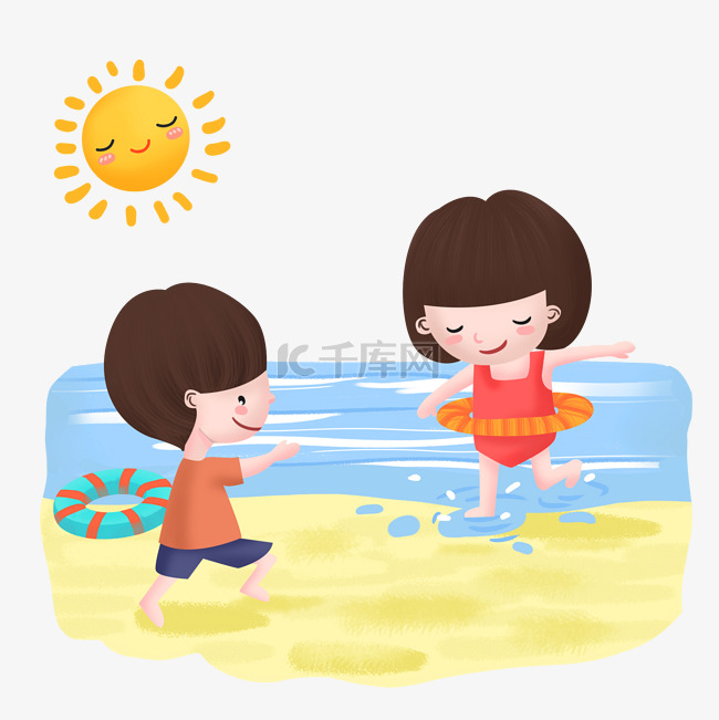 夏天小朋友在海边踏浪