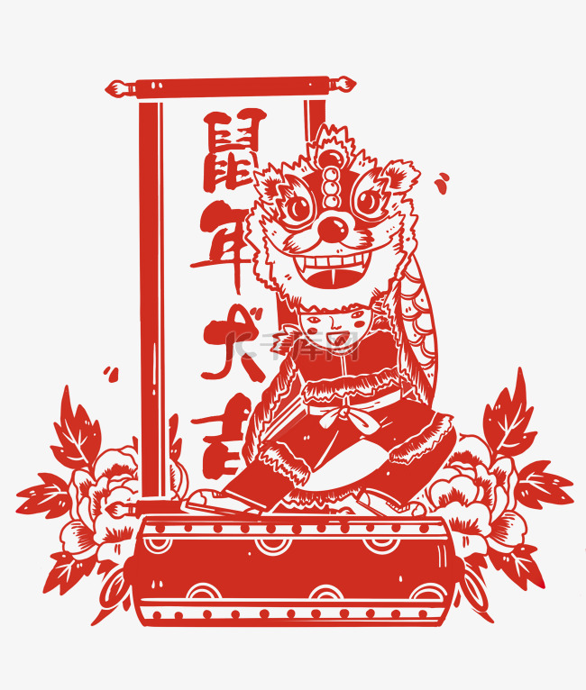 鼠年装饰剪纸舞狮人物