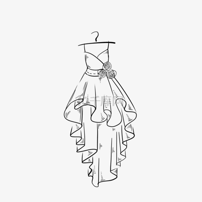 手绘黑白线描女性婚礼礼服插画
