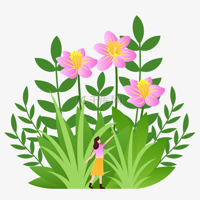 女孩和花丛植物小人国人物春天