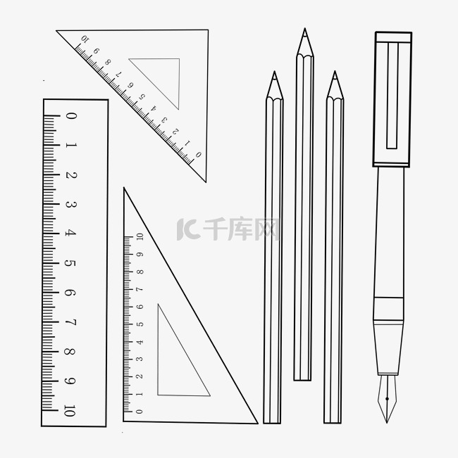 线描尺子铅笔钢笔组合插画装饰