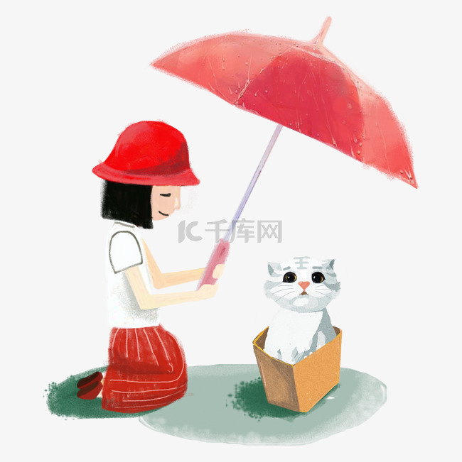 为猫撑伞的女孩