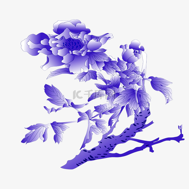 紫色水墨花草牡丹