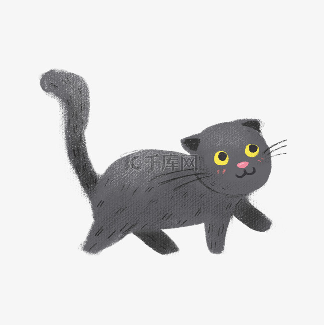 手绘卡通黑色的小猫免扣元素