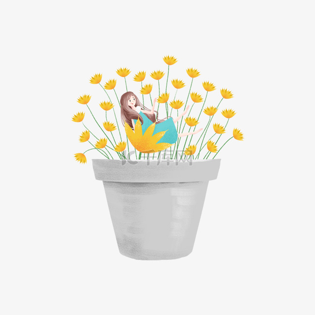 坐在黄色花朵上的可爱女孩