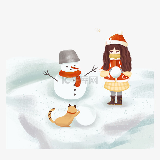 女孩小猫堆雪人玩耍