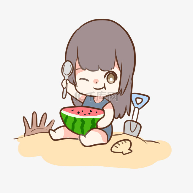 在海滩吃瓜的女孩