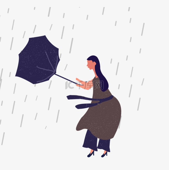 下雨刮风打伞女人插画