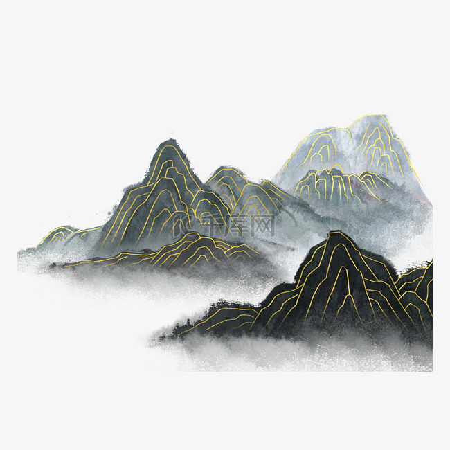 金线水墨古风山水插画