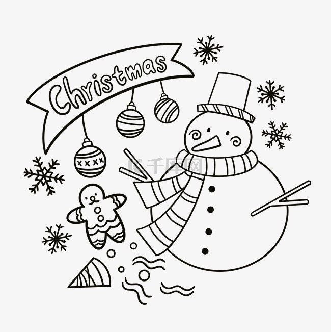 线描圣诞节雪人挂球