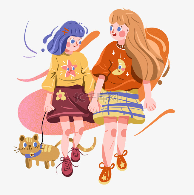 儿童节遛猫散步的两个女孩