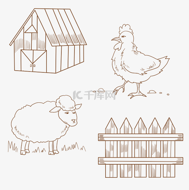 公鸡小羊房子栅栏