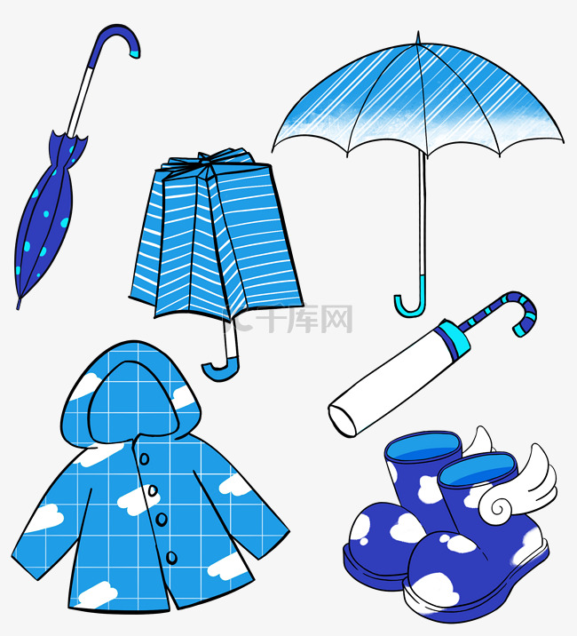 雨靴雨具雨衣简笔画蓝色扁平卡通