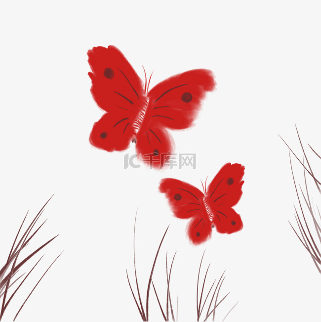 中国风水彩红色一对蝴蝶