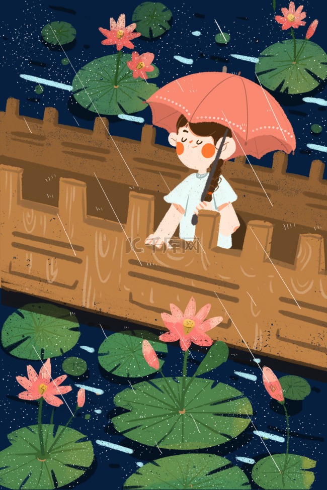 夏季雨天女孩站在桥上赏荷