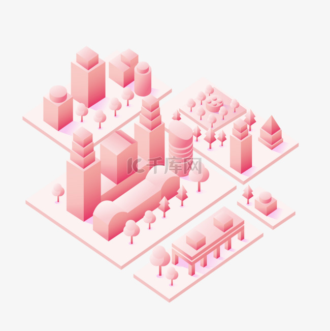 粉色等距城市建设立体插画