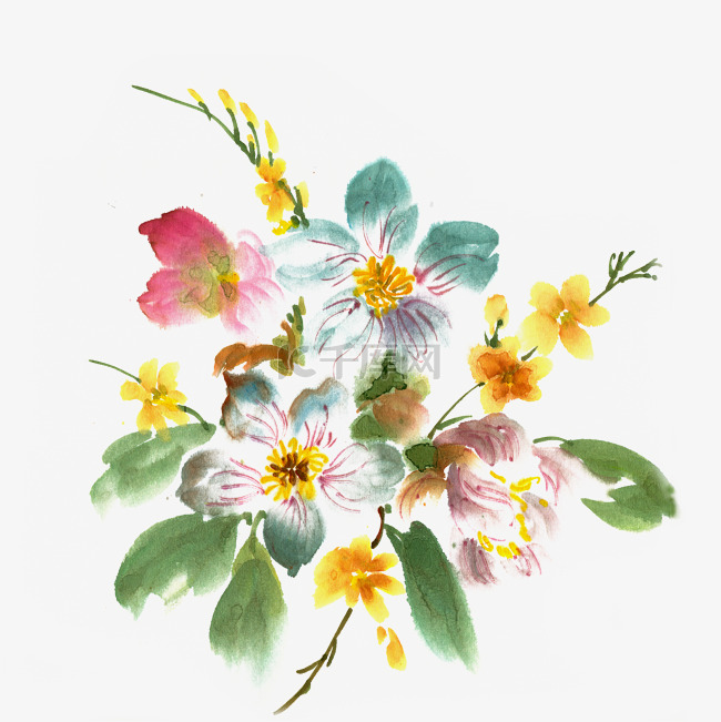 水墨画五彩的花卉