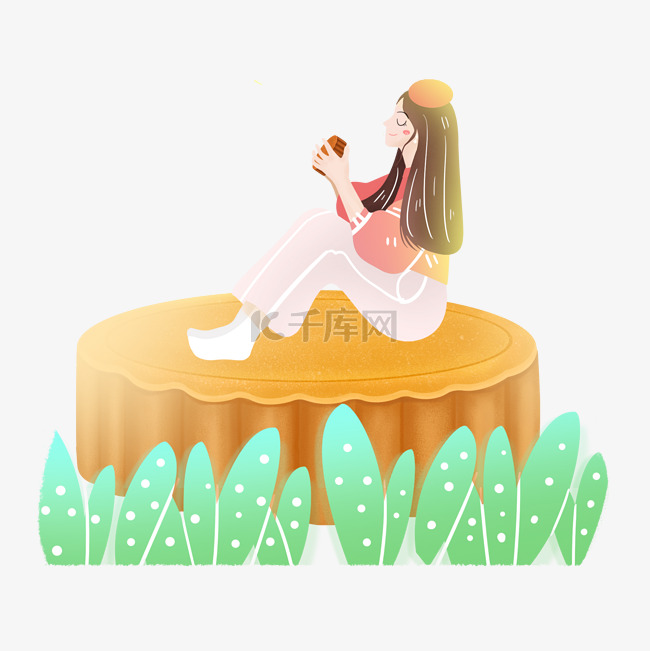 中秋节坐在月饼上的女孩素材