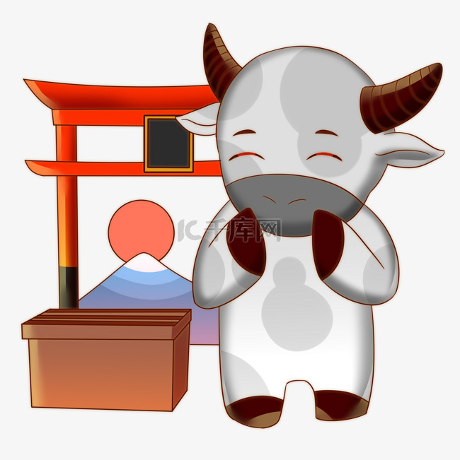 日本新年在神社钱箱面前的牛