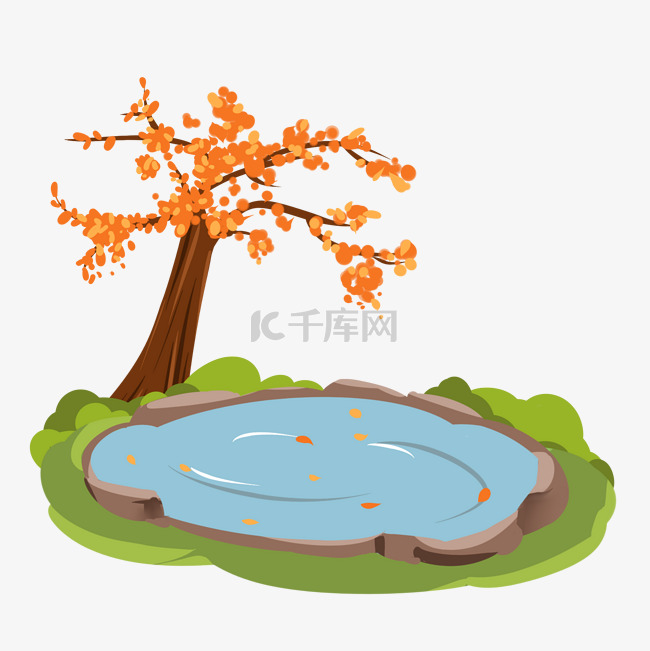 秋季池塘树木