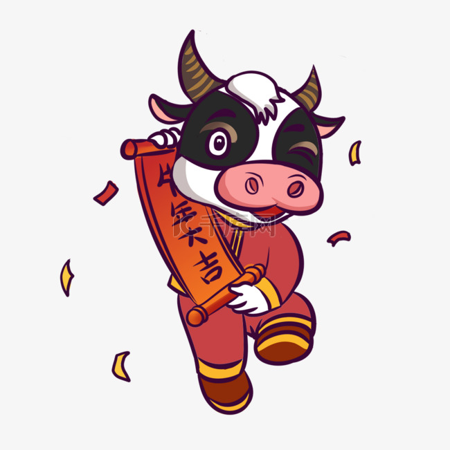 春节农历新年牛年眨眼的卡通奶牛