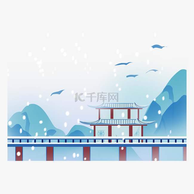 中国风水墨建筑雪景