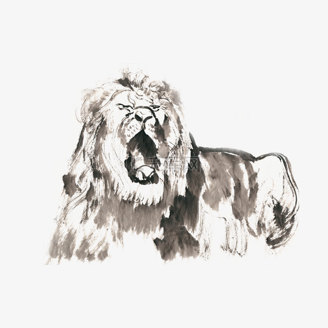 吼叫的狮子水墨画PNG免抠素材