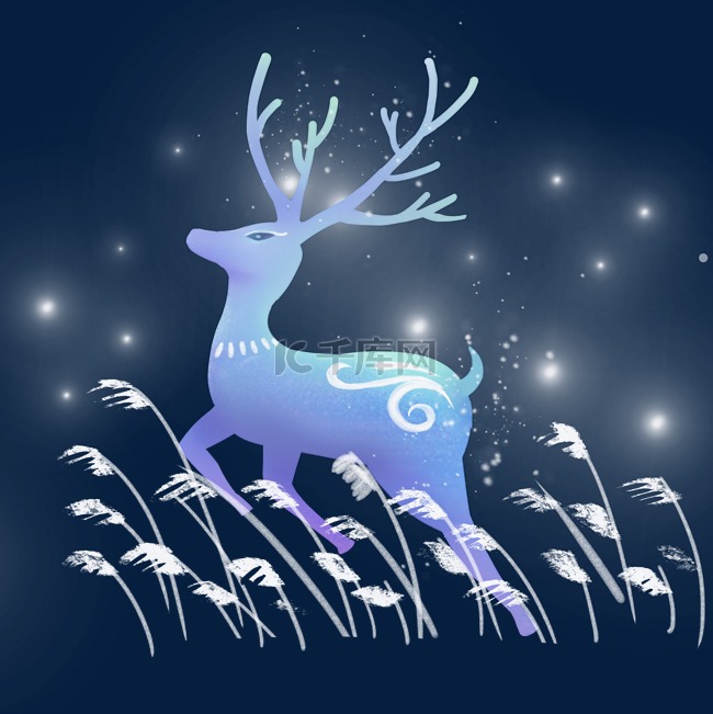 梦幻动物蓝色草丛中奔跑的小鹿
