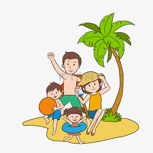 夏天沙滩上玩耍的一家人