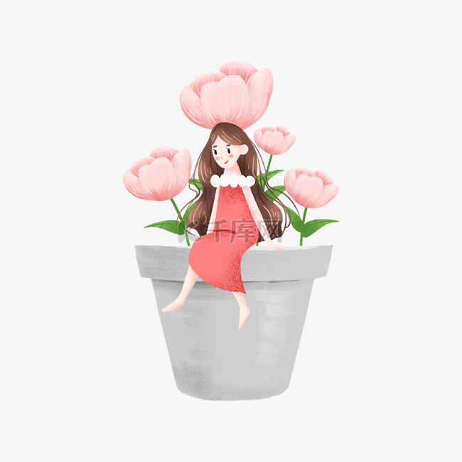 坐在盆栽上的可爱女孩