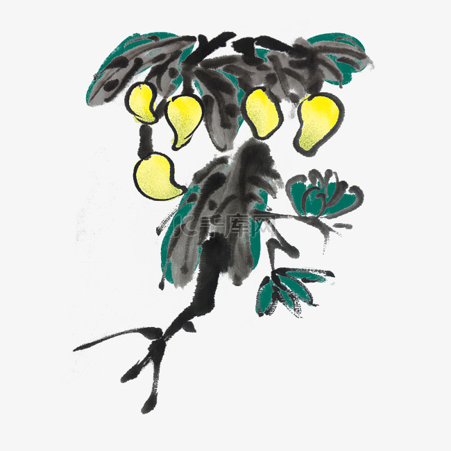 夏天柠檬树柠檬手绘水墨风插画